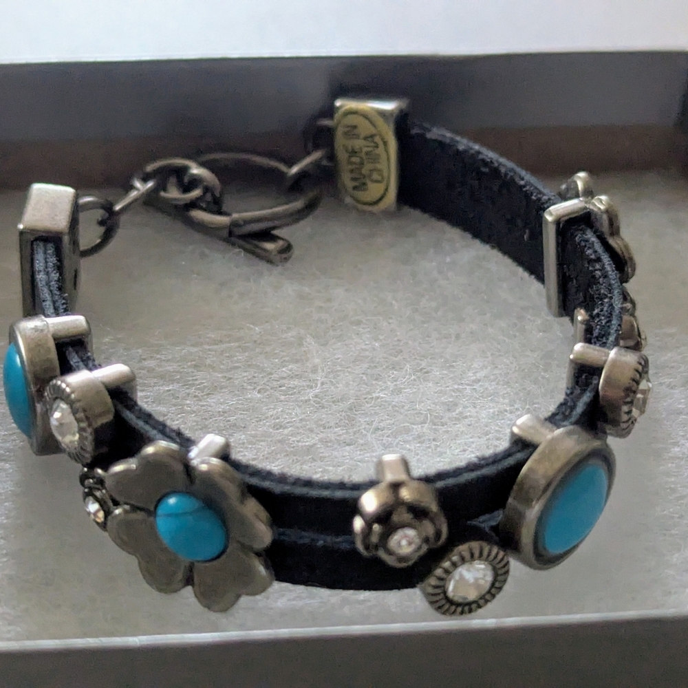 DENA Genuine Leather Double Strand Turquoise Rhinestone Toggle Bracelet. 8" Long
